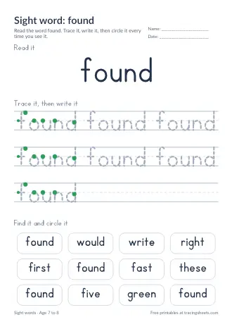 Preview of the sight word: found worksheet