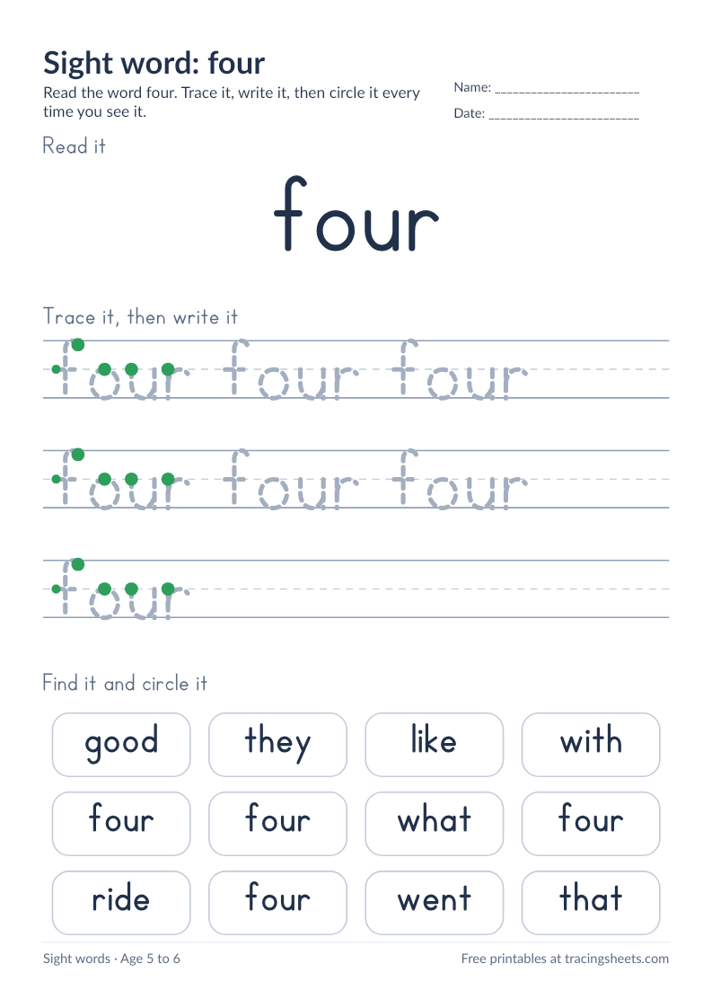 Preview of the printable sight word: four worksheet