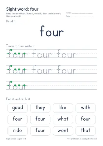 Preview of the sight word: four worksheet