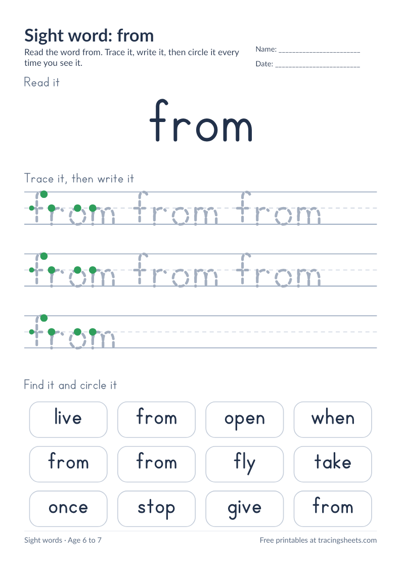 Preview of the printable sight word: from worksheet