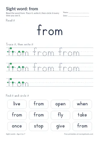 Preview of the sight word: from worksheet