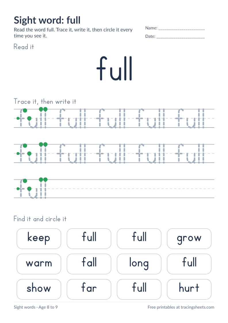 Preview of the printable sight word: full worksheet