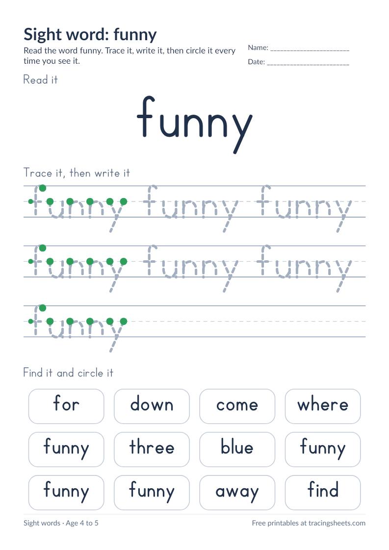Preview of the printable sight word: funny worksheet