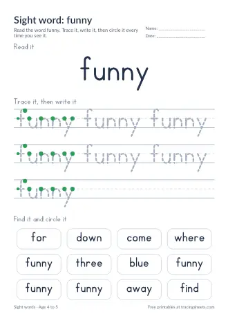 Preview of the sight word: funny worksheet