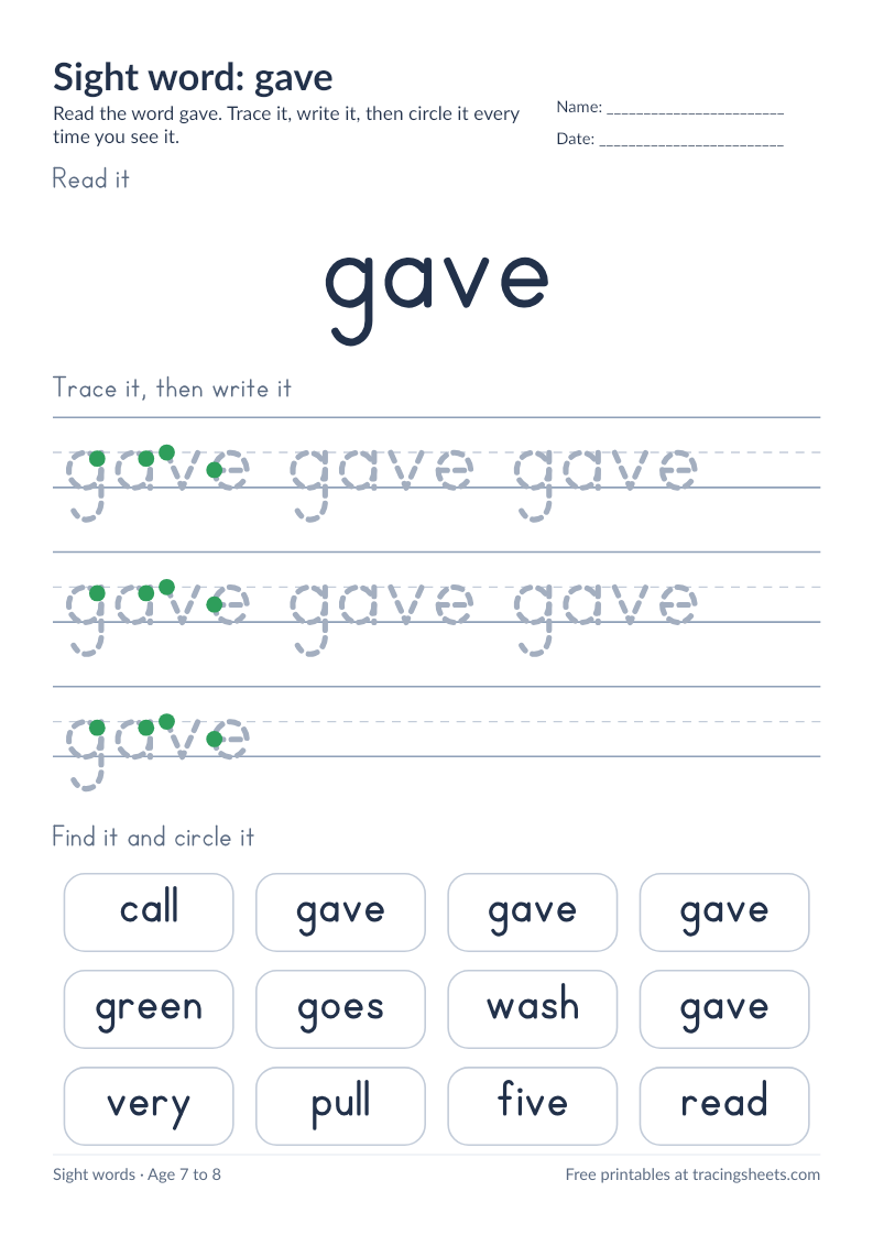 Preview of the printable sight word: gave worksheet
