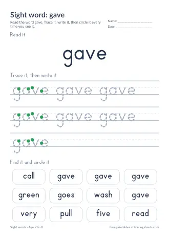 Preview of the sight word: gave worksheet