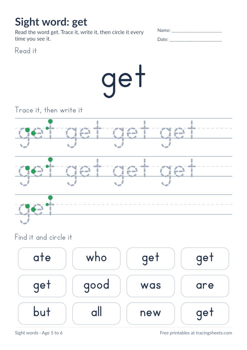 Preview of the printable sight word: get worksheet