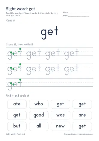 Preview of the sight word: get worksheet