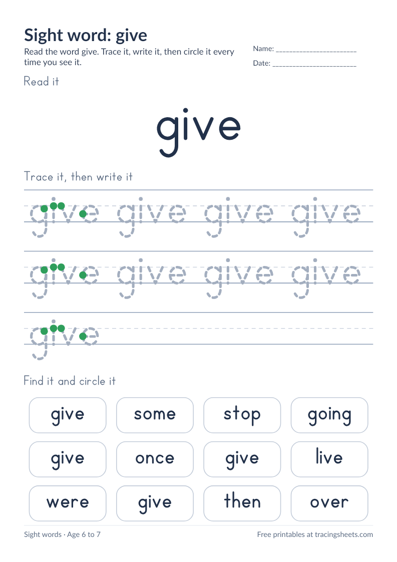 Preview of the printable sight word: give worksheet