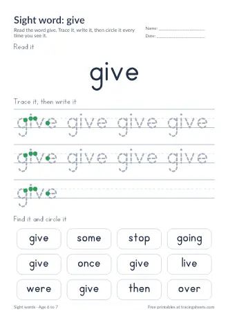 Preview of the sight word: give worksheet
