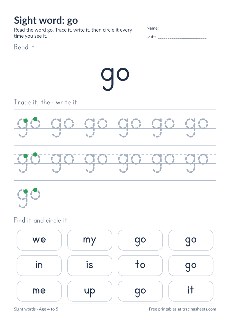 Preview of the printable sight word: go worksheet