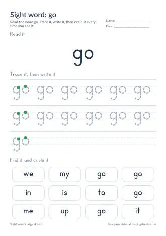 Preview of the sight word: go worksheet
