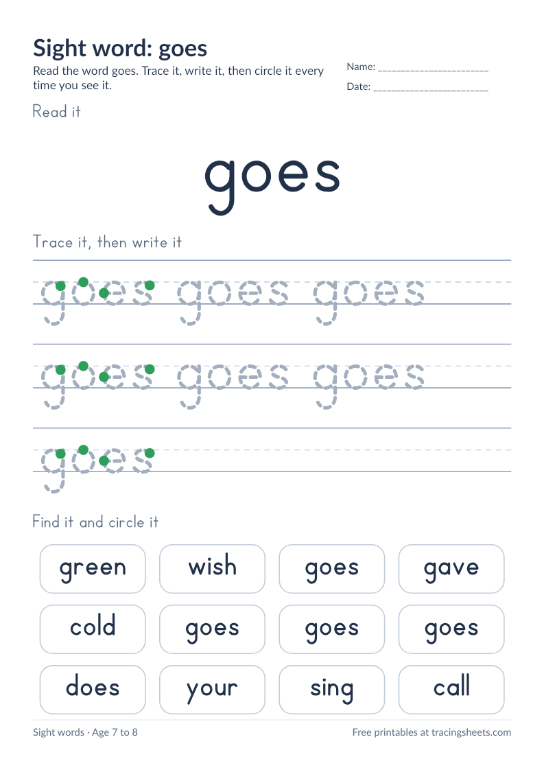 Preview of the printable sight word: goes worksheet
