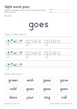 Preview of the sight word: goes worksheet