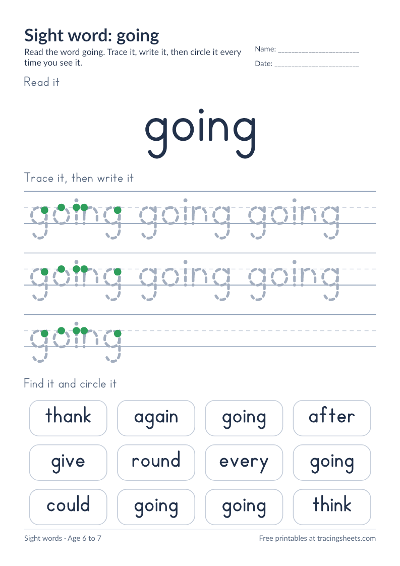 Preview of the printable sight word: going worksheet