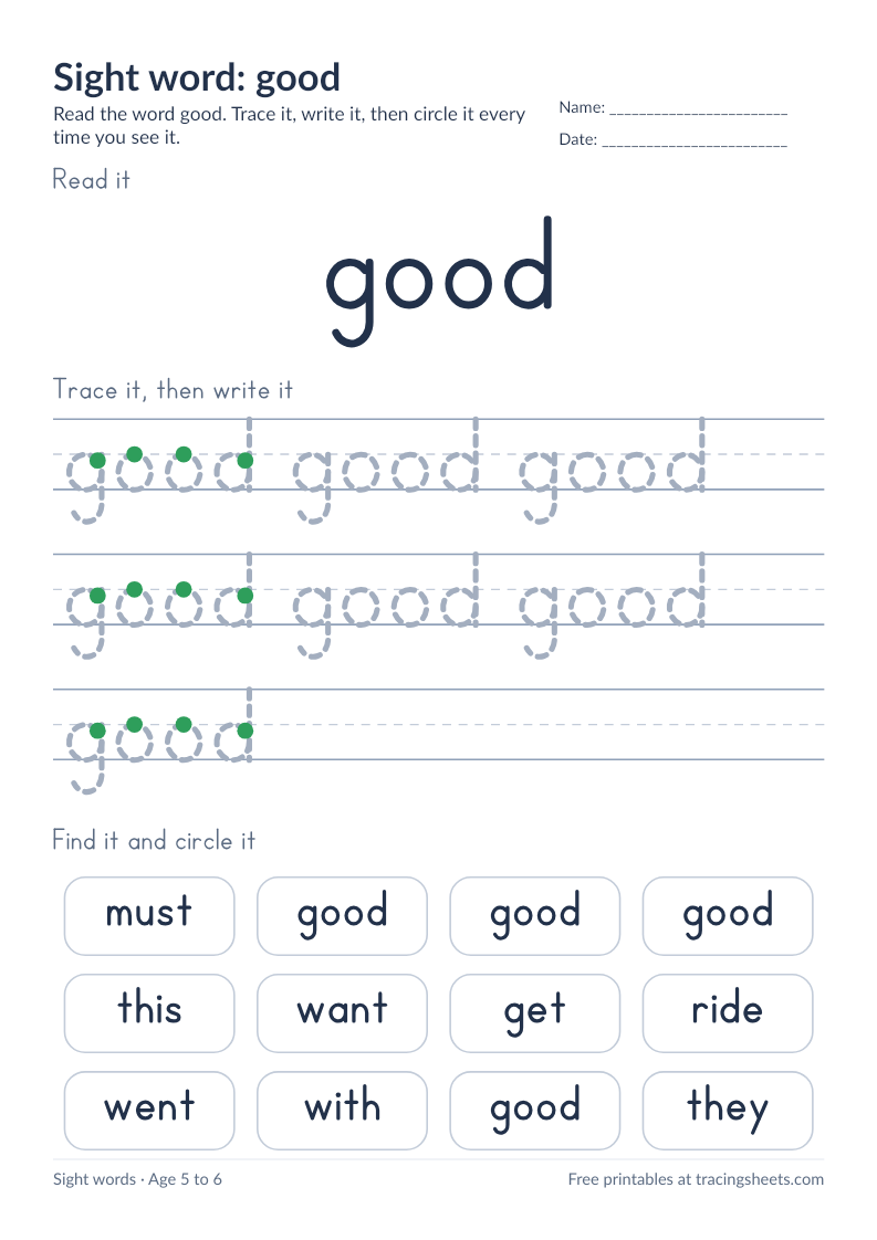 Preview of the printable sight word: good worksheet