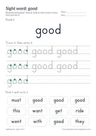 Preview of the sight word: good worksheet