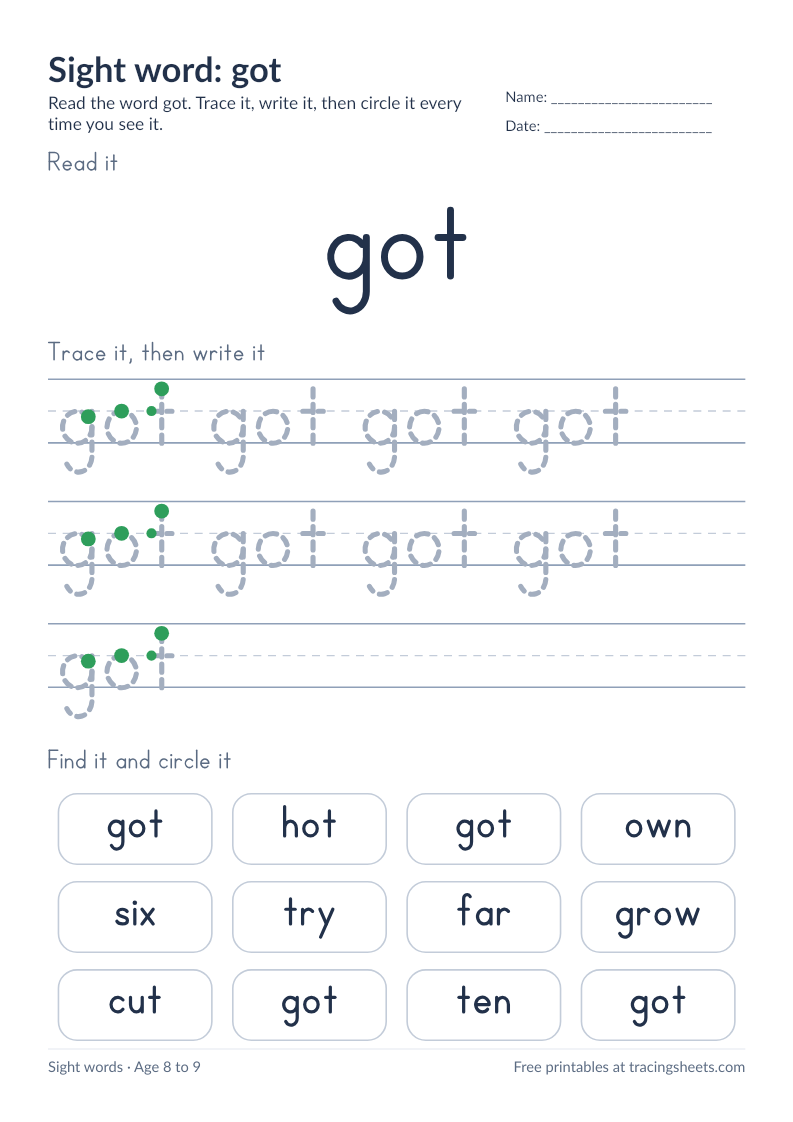 Preview of the printable sight word: got worksheet