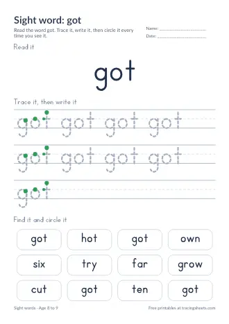 Preview of the sight word: got worksheet