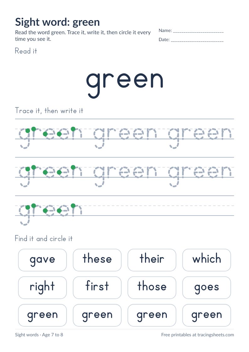 Preview of the printable sight word: green worksheet