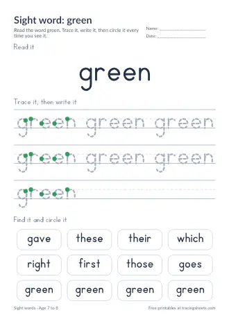 Preview of the sight word: green worksheet