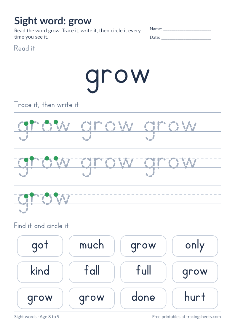 Preview of the printable sight word: grow worksheet