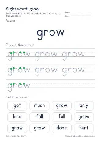Preview of the sight word: grow worksheet