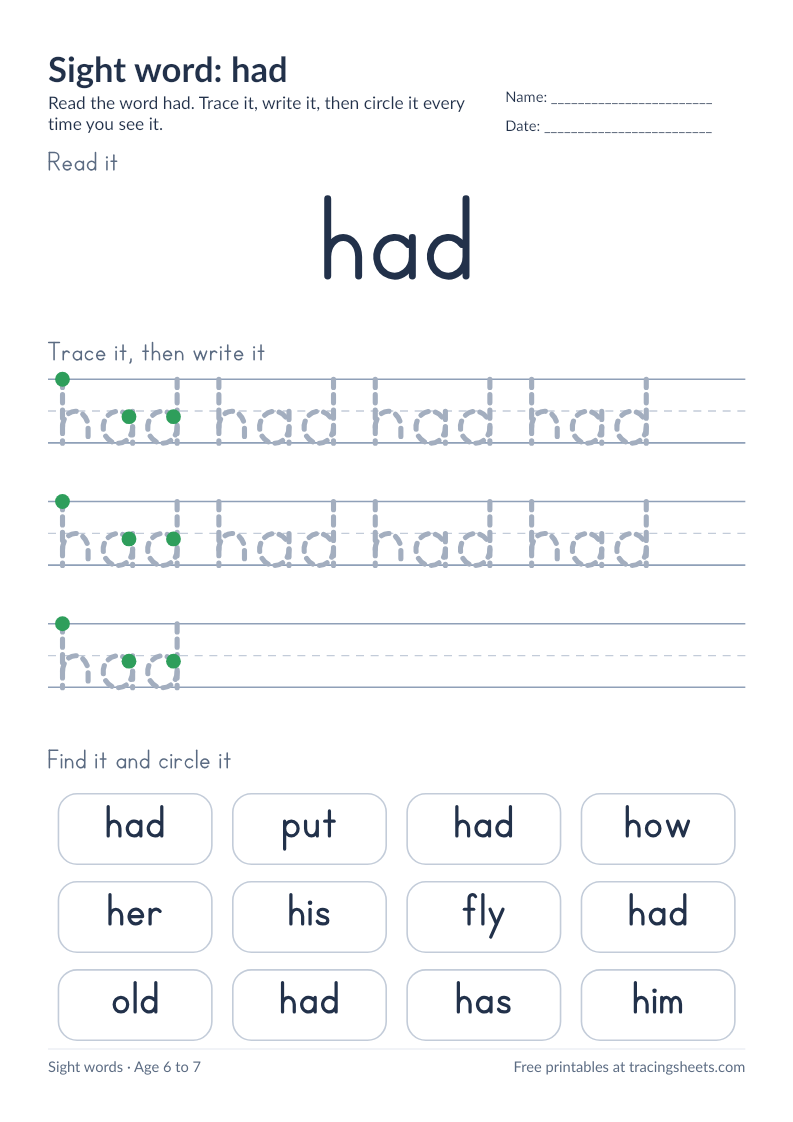 Preview of the printable sight word: had worksheet