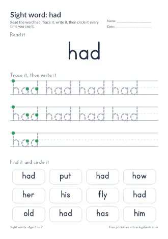 Preview of the sight word: had worksheet