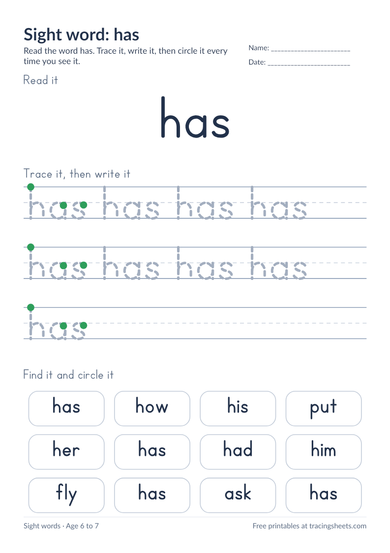 Preview of the printable sight word: has worksheet