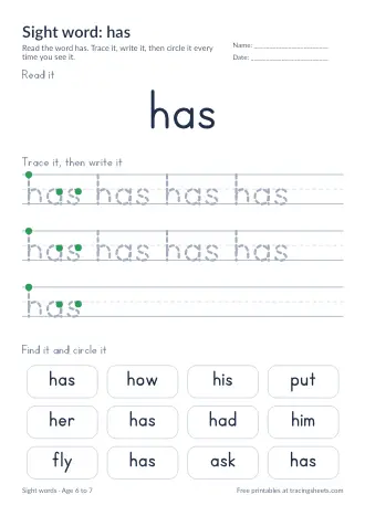 Preview of the sight word: has worksheet
