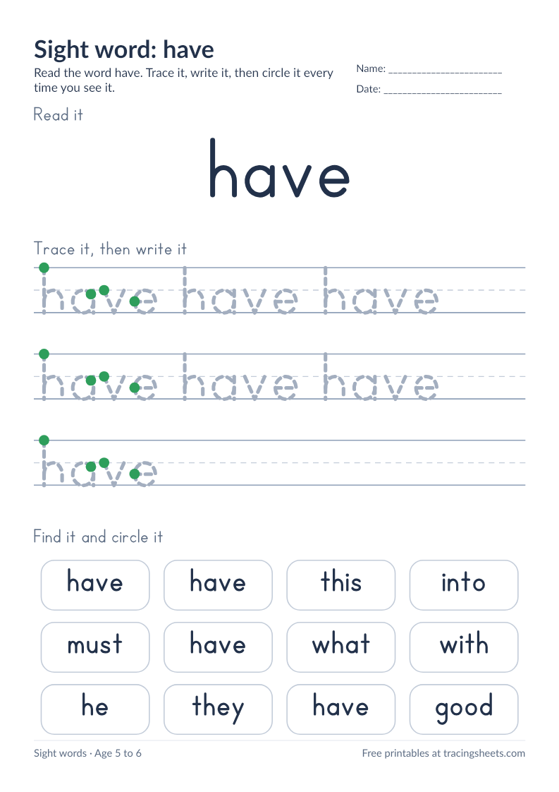 Preview of the printable sight word: have worksheet