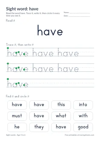 Preview of the sight word: have worksheet