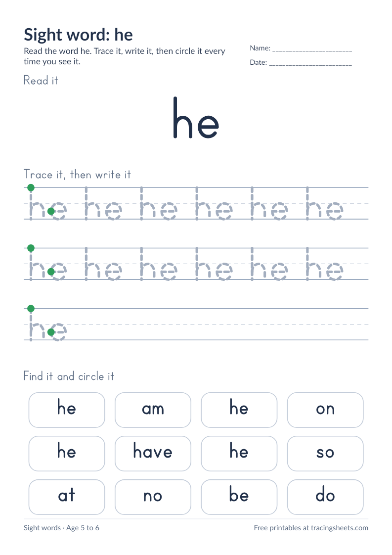 Preview of the printable sight word: he worksheet
