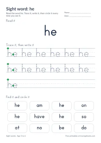 Preview of the sight word: he worksheet