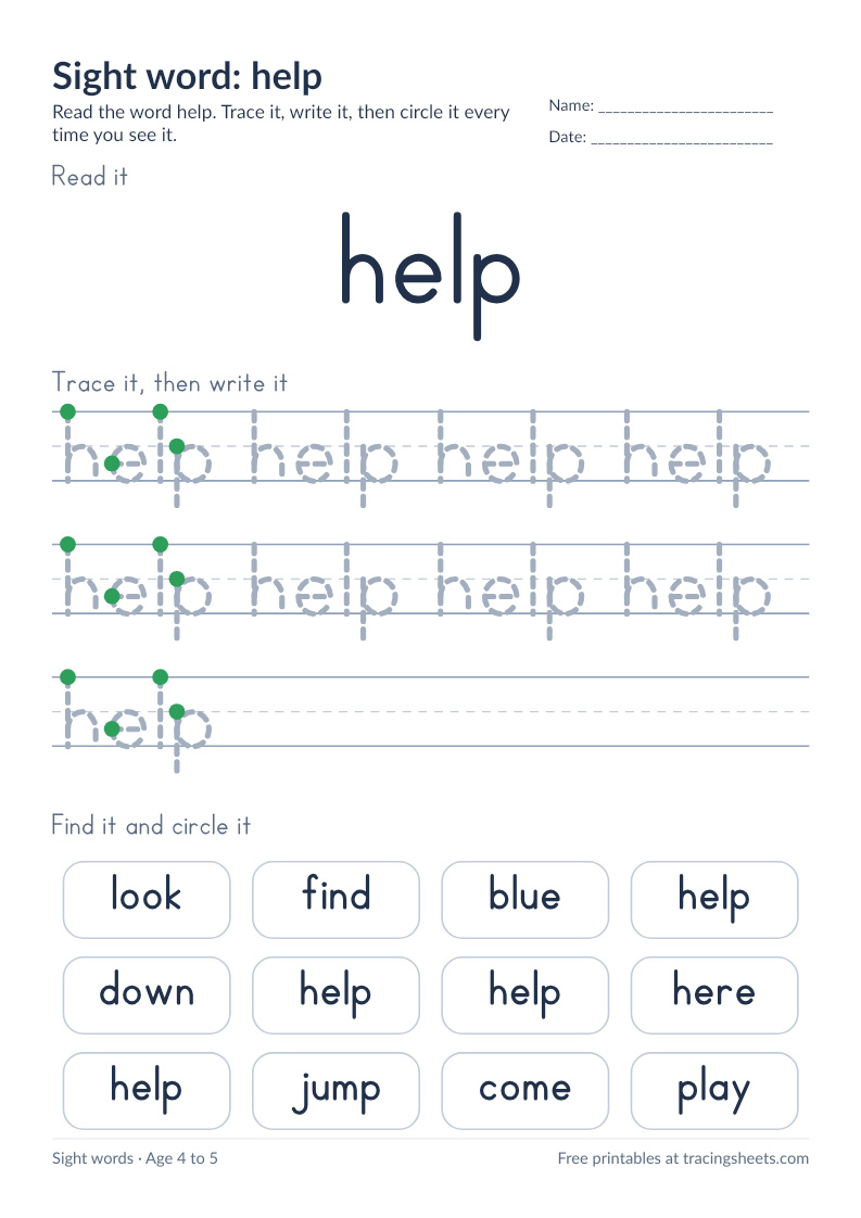 Preview of the printable sight word: help worksheet