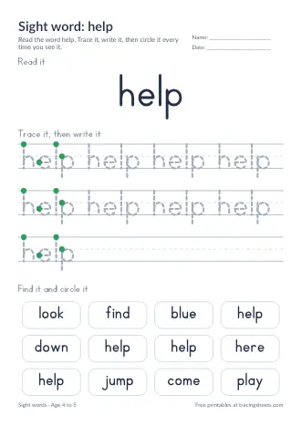 Preview of the sight word: help worksheet