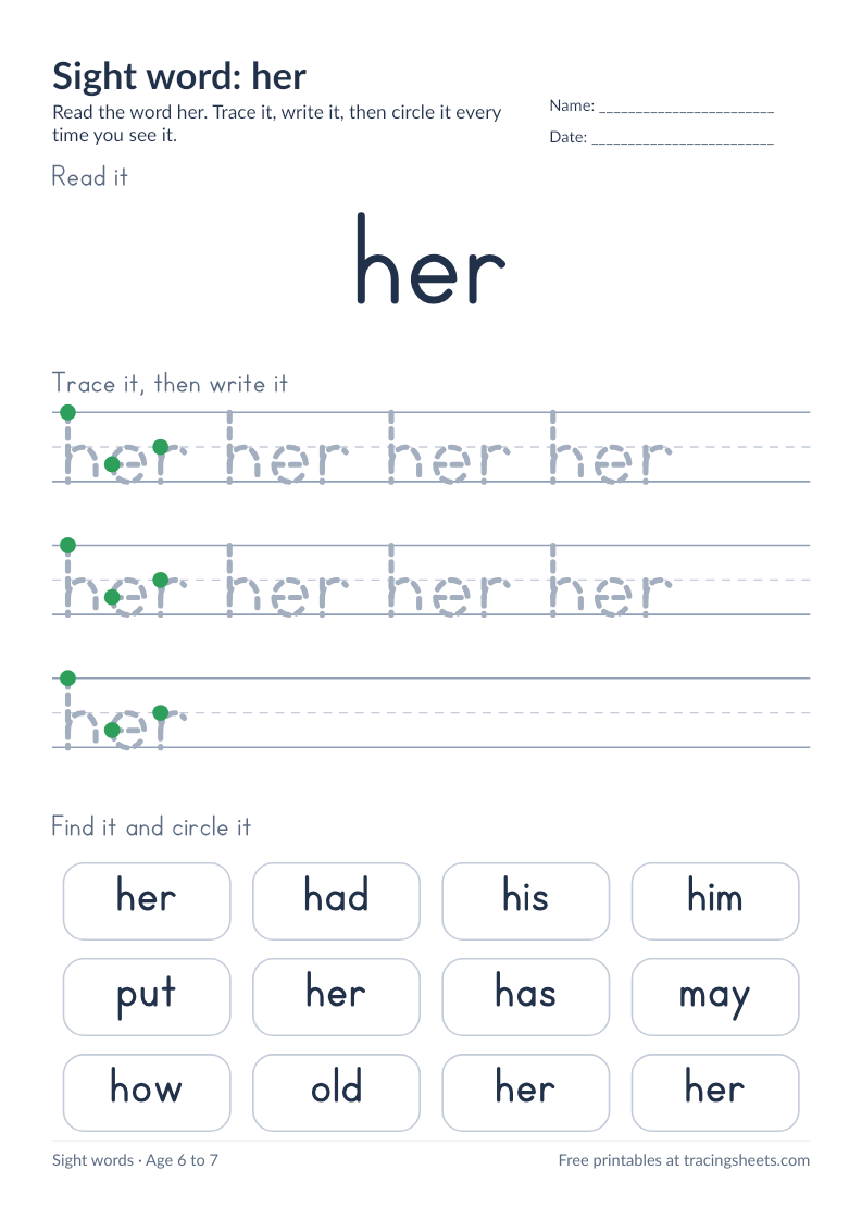 Preview of the printable sight word: her worksheet