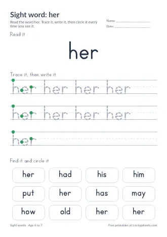 Preview of the sight word: her worksheet