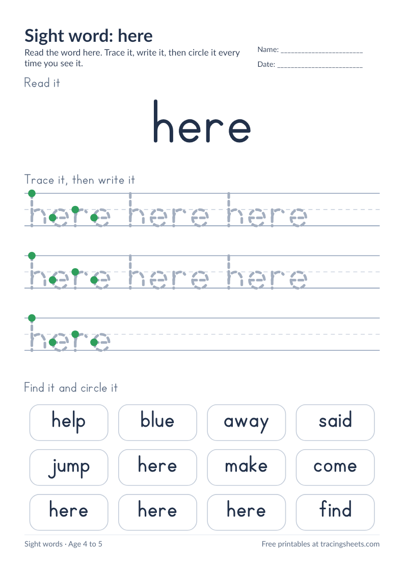 Preview of the printable sight word: here worksheet