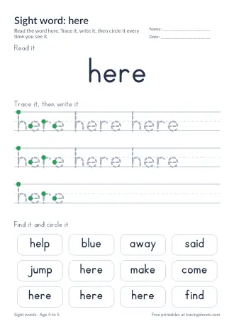 Preview of the sight word: here worksheet