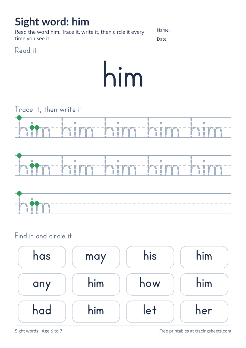 Preview of the printable sight word: him worksheet