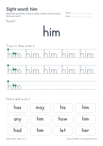 Preview of the sight word: him worksheet