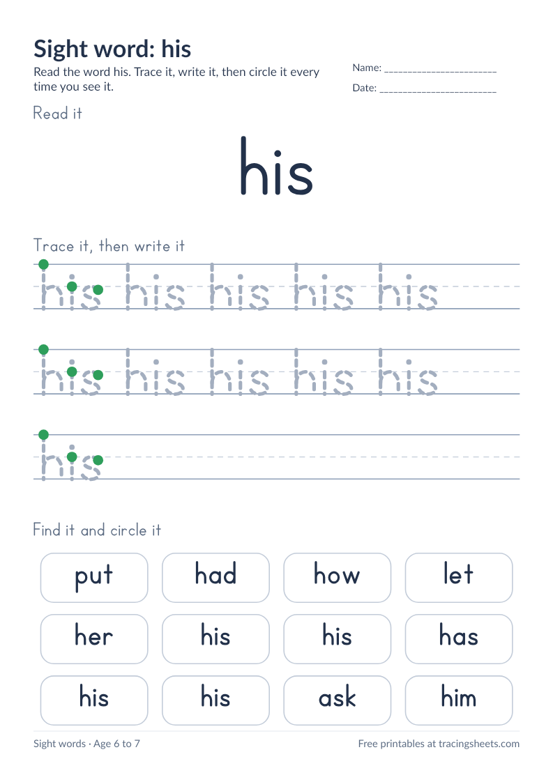 Preview of the printable sight word: his worksheet
