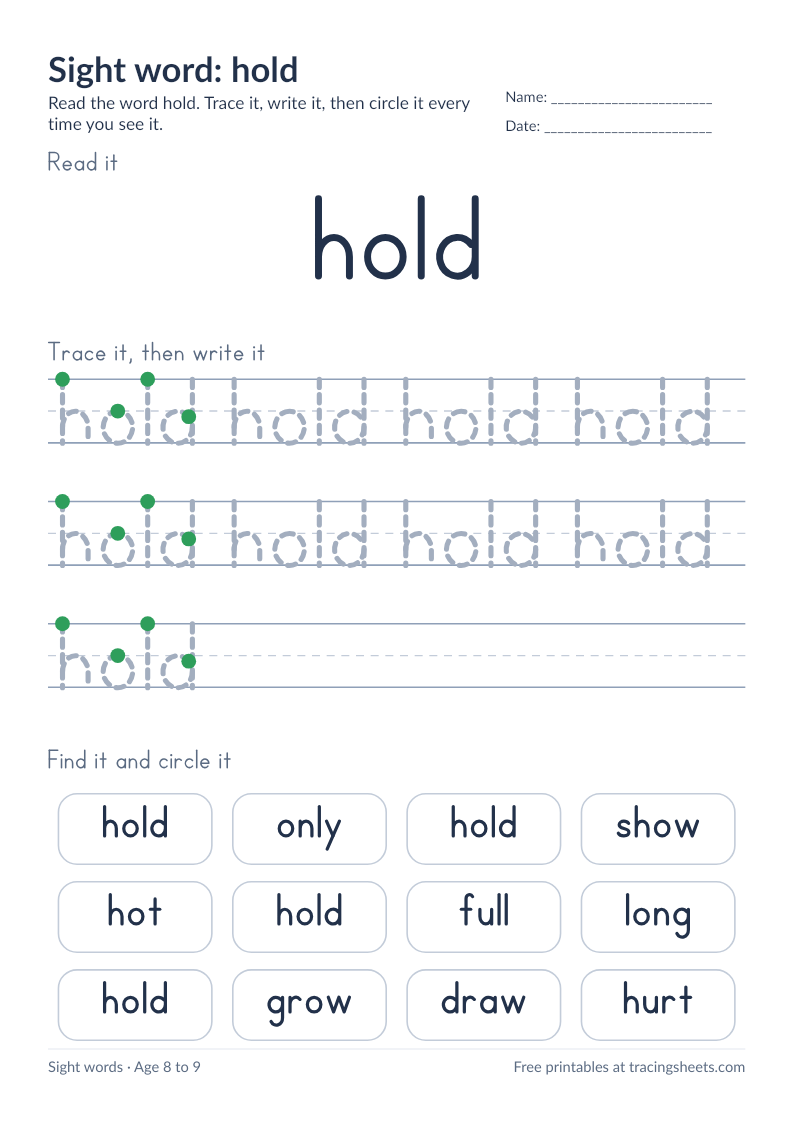 Preview of the printable sight word: hold worksheet