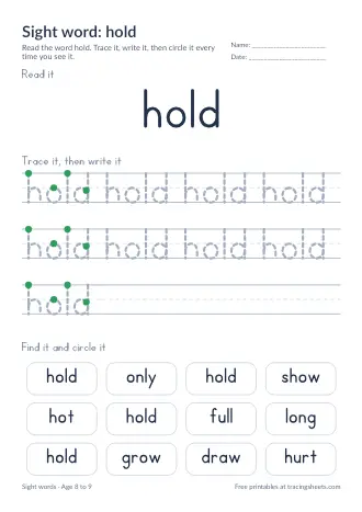 Preview of the sight word: hold worksheet