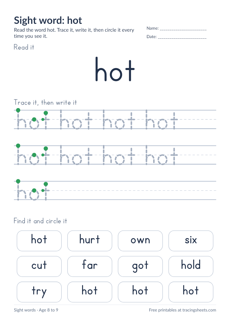 Preview of the printable sight word: hot worksheet