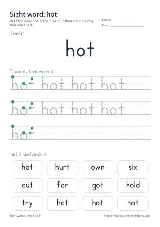 Preview of the sight word: hot worksheet