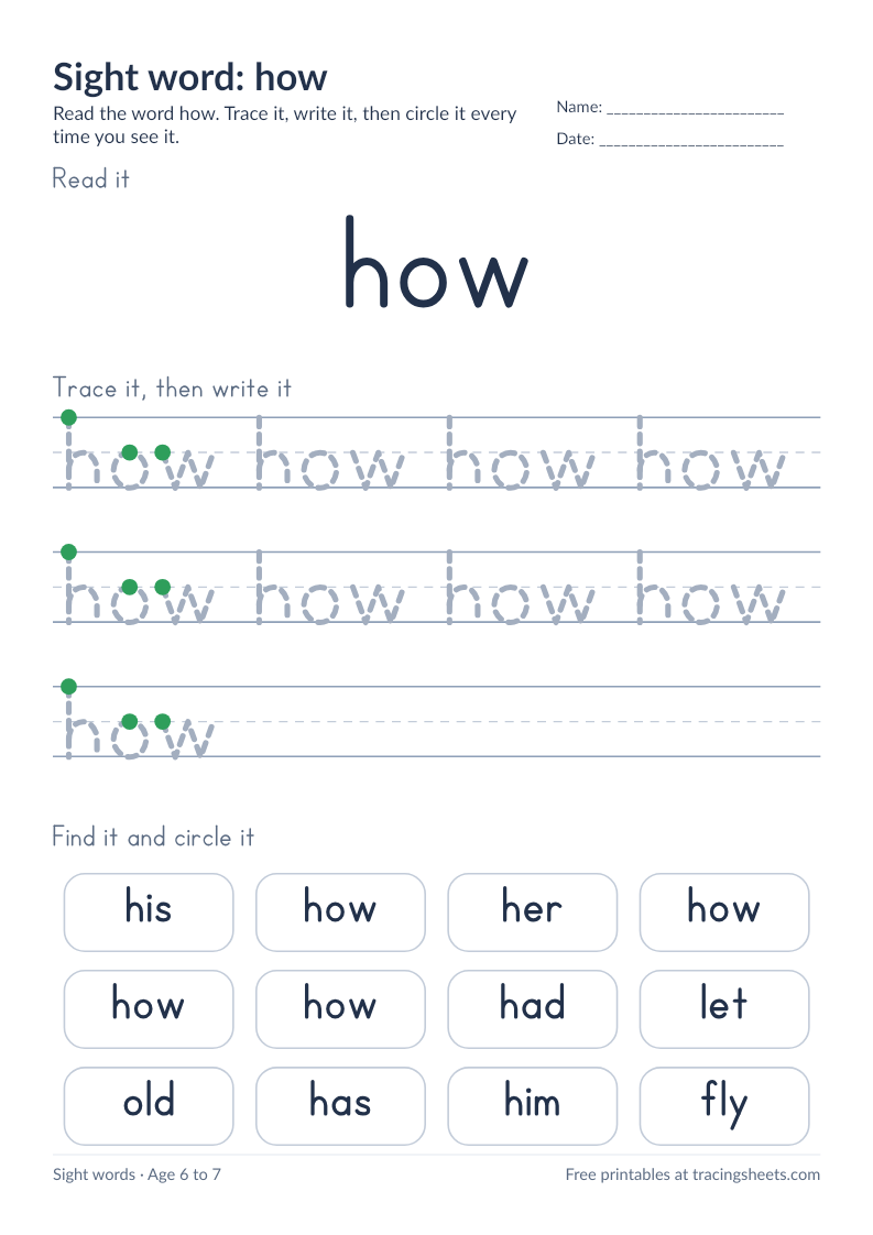 Preview of the printable sight word: how worksheet