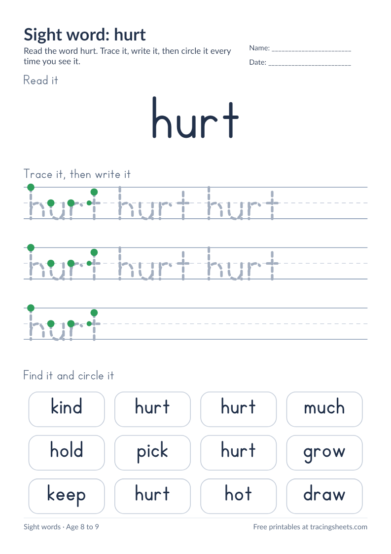 Preview of the printable sight word: hurt worksheet